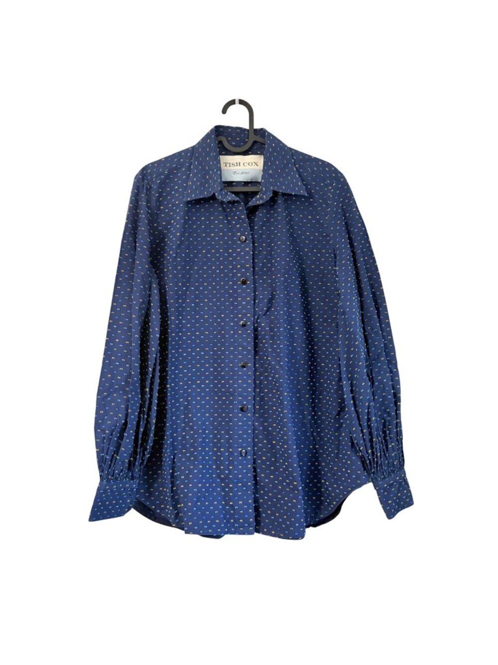 Tish Cox Navy Swiss Dot Balloon Long Sleeve Button Shirt Womens Size Large